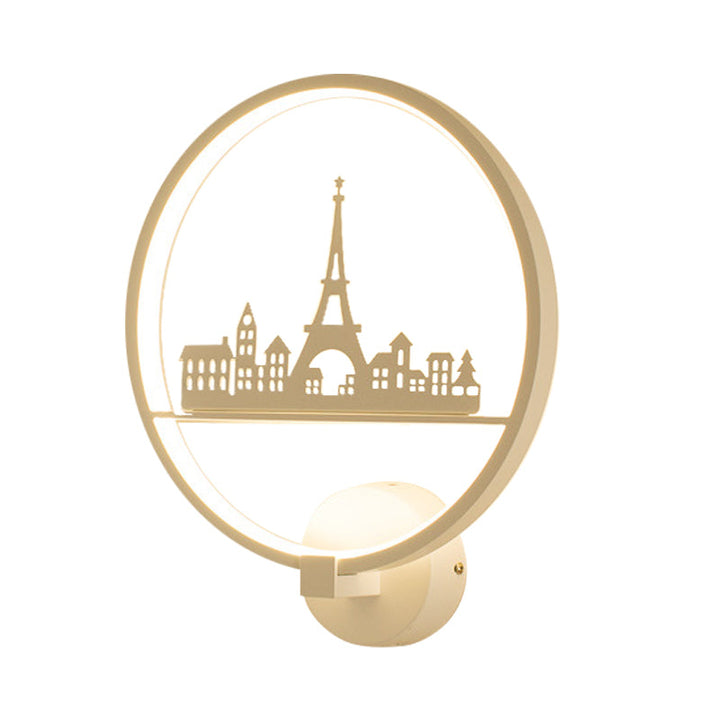 Skørter | White/Black Round Wall Lamp Nordic LED Metal Wall-Mounted Lighting Fixture with Eiffel Tower/Set Pattern