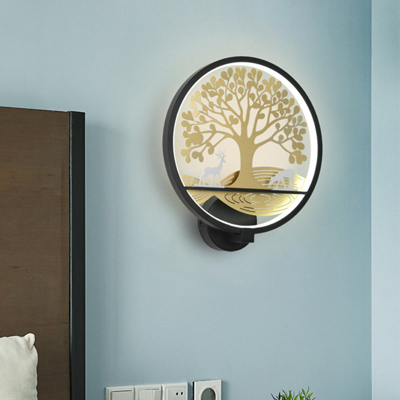 Lisslune | Black/White Round Tree Wall-Mounted Lamp Postmodern LED Metal Wall Light for Nightstand, Warm/White Light
