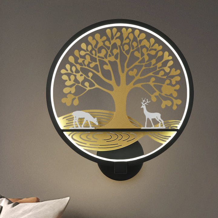 Lisslune | Black/White Round Tree Wall-Mounted Lamp Postmodern LED Metal Wall Light for Nightstand, Warm/White Light