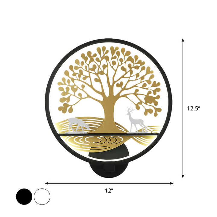 Lisslune | Black/White Round Tree Wall-Mounted Lamp Postmodern LED Metal Wall Light for Nightstand, Warm/White Light