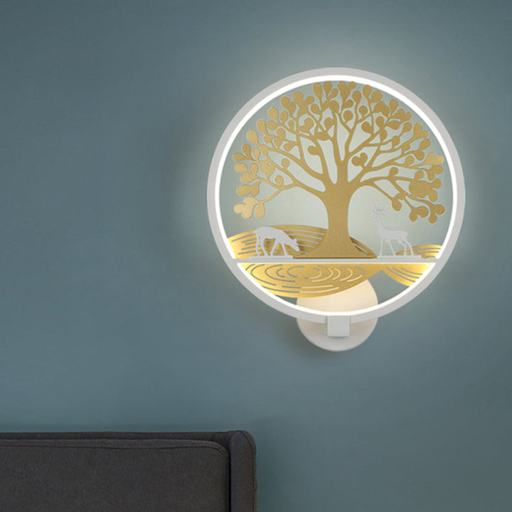 Lisslune | Black/White Round Tree Wall-Mounted Lamp Postmodern LED Metal Wall Light for Nightstand, Warm/White Light
