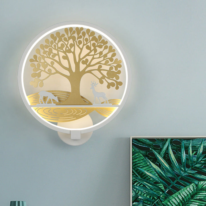 Lisslune | Black/White Round Tree Wall-Mounted Lamp Postmodern LED Metal Wall Light for Nightstand, Warm/White Light