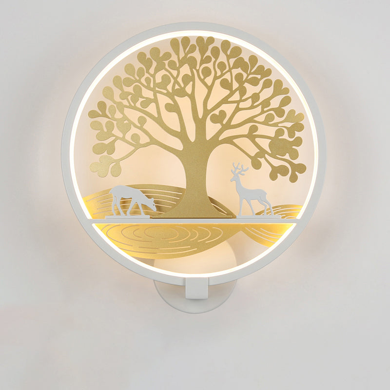 Lisslune | Black/White Round Tree Wall-Mounted Lamp Postmodern LED Metal Wall Light for Nightstand, Warm/White Light
