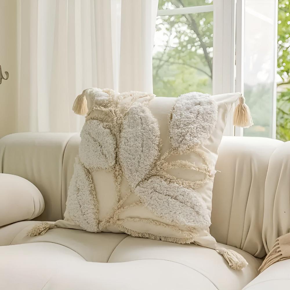 Lisslune | Plush Leaf With Tassel Cushion Cover
