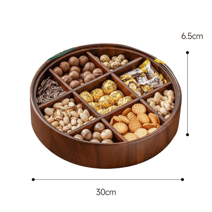 Lisslune | BambooSpin – 9-Compartment Serving Tray with Rotating Lid | Premium Bamboo Snack Platter