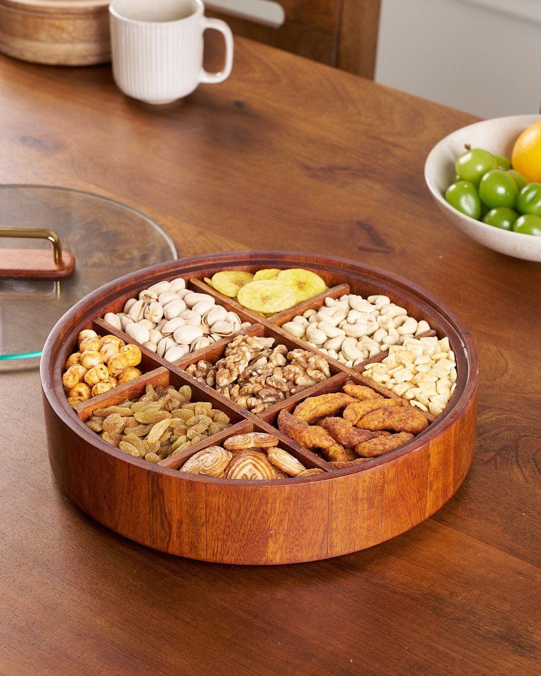 Lisslune | BambooSpin – 9-Compartment Serving Tray with Rotating Lid | Premium Bamboo Snack Platter