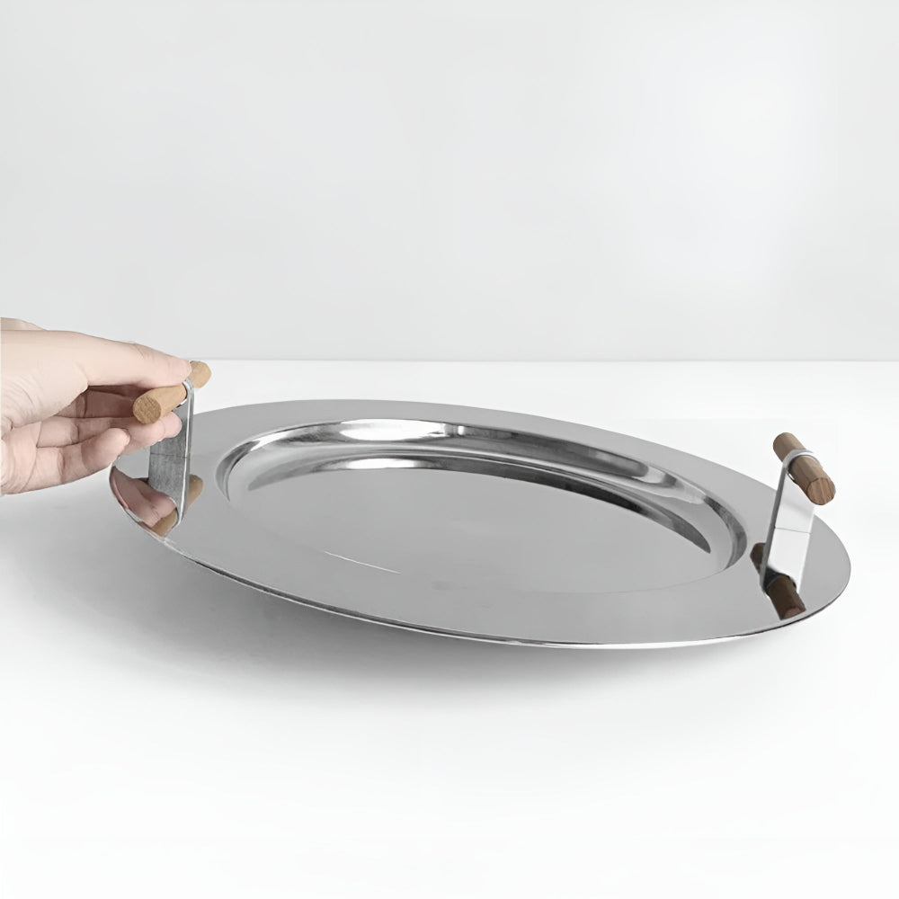 Lisslune | Elegant Stainless Steel Round Tray with Wooden Handles