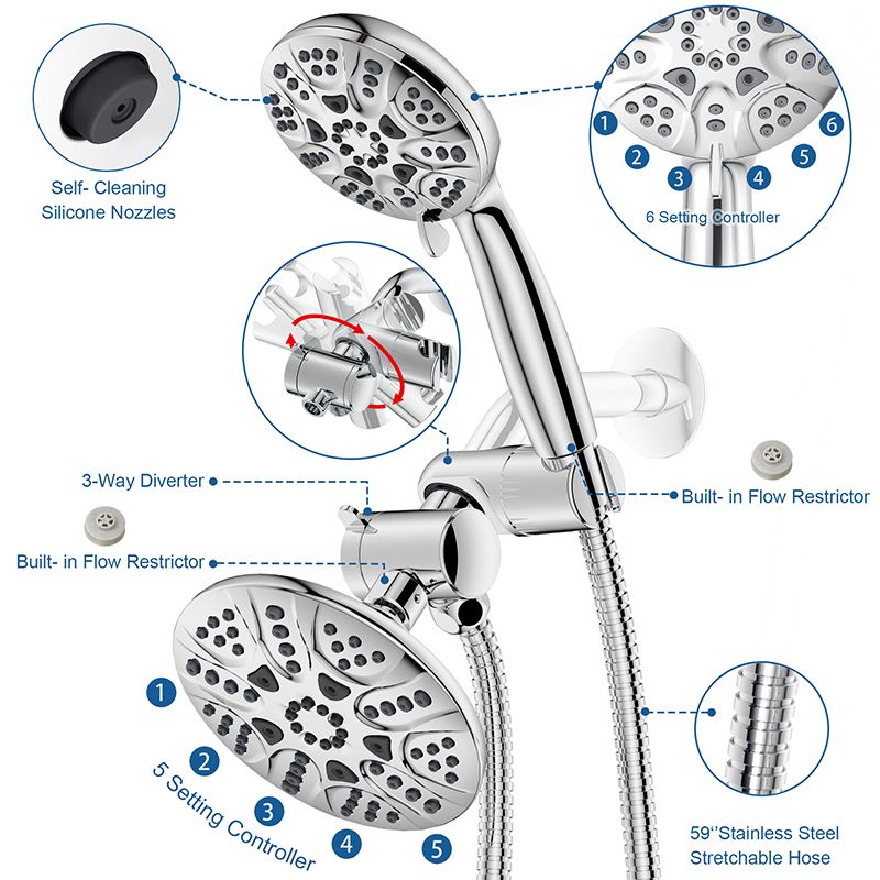 Lisslune | Contemporary Shower Combo Dual Shower Head Chrome Ceiling Mounted Round Shower Head