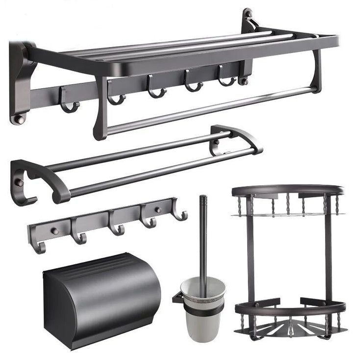 Skorter | Modern 5/6-piece bathroom accessory set with bathroom shelf/robe hooks/towel bar