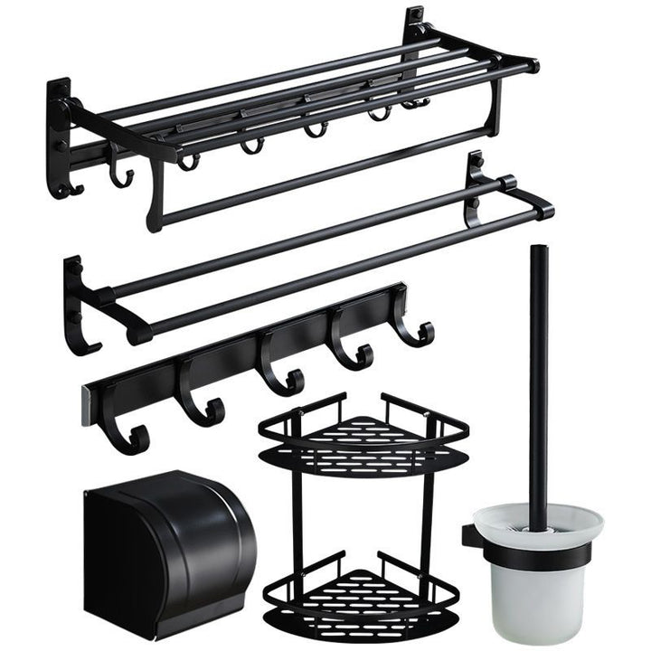 Lisslune | 6-piece modern bathroom hardware set in matte black with bathroom shelf/towel holder & bathrobe hook