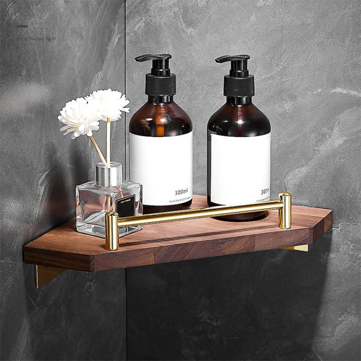 Lisslune | Polished Brass Bathroom Hardware Set Metal & Wood Bathroom Set with Bath Shelf/Towel Bar