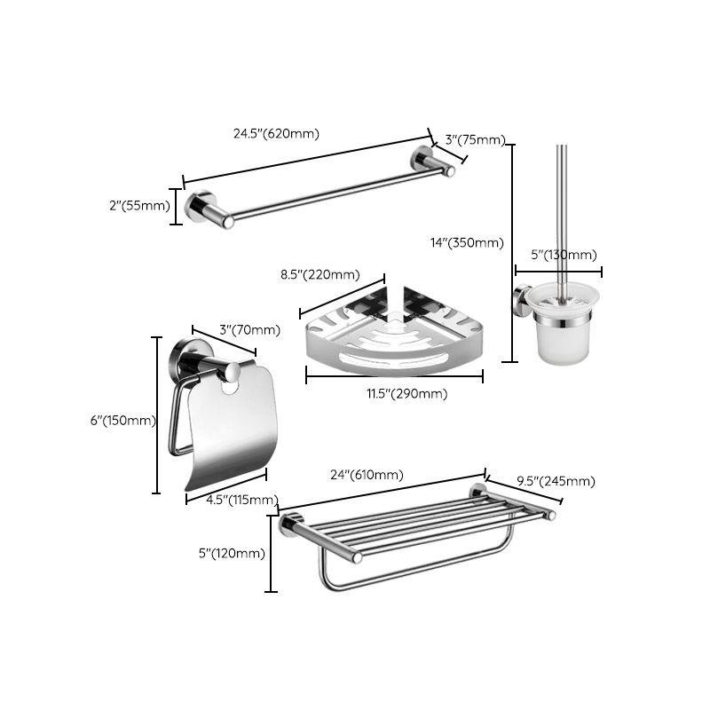 Lisslune | Polished Chrome 5-piece modern bathroom accessory set with bathroom shelf