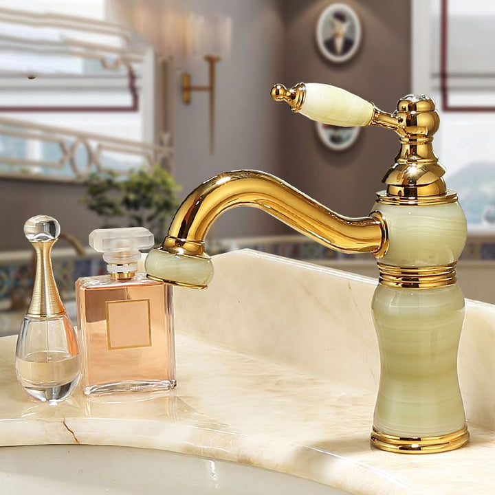Lisslune | Deck Mounted Copper Tub Faucet Low Arc Roman Tub Faucet Set with Jade