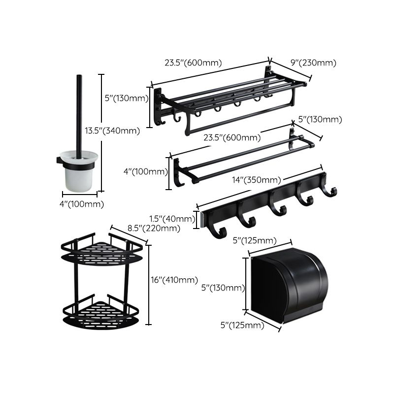 Lisslune | 6-piece modern bathroom hardware set in matte black with bathroom shelf/towel holder & bathrobe hooks