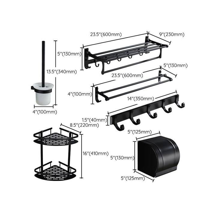 Lisslune | 6-piece modern bathroom hardware set in matte black with bathroom shelf/towel holder & bathrobe hooks