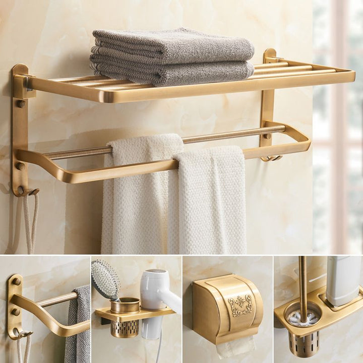 Lisslune | Vintage Bronze Bathroom Accessories Set Brushed Brass Towel Bar/Paper Holder/Bath Shelf