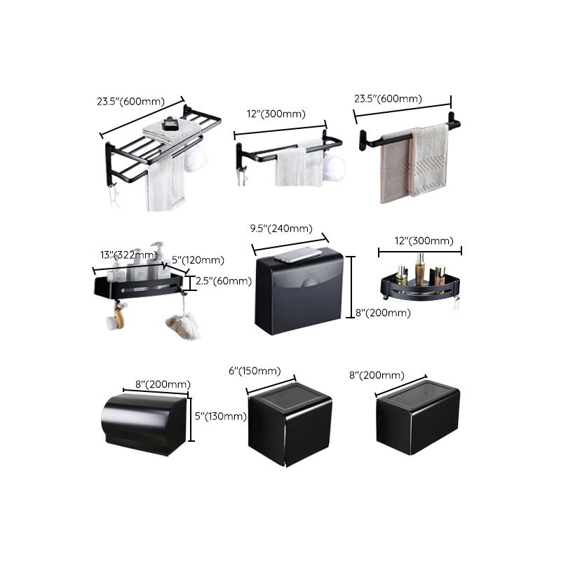 Lisslune | Contemporary 8-piece Bathroom Accessory Set Matte Black Bathroom Shelf/Paper Holder/Towel Hook