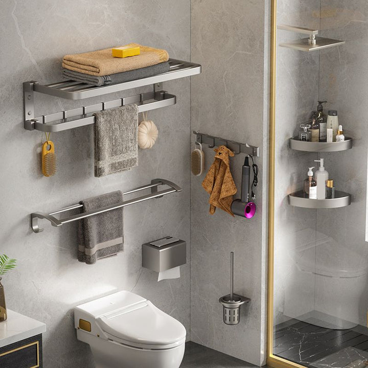 Lisslune | Modern Gray Bathroom Accessory Set Aluminum Stainless Steel Bathroom Shelf/Towel Hooks/Towel Bar