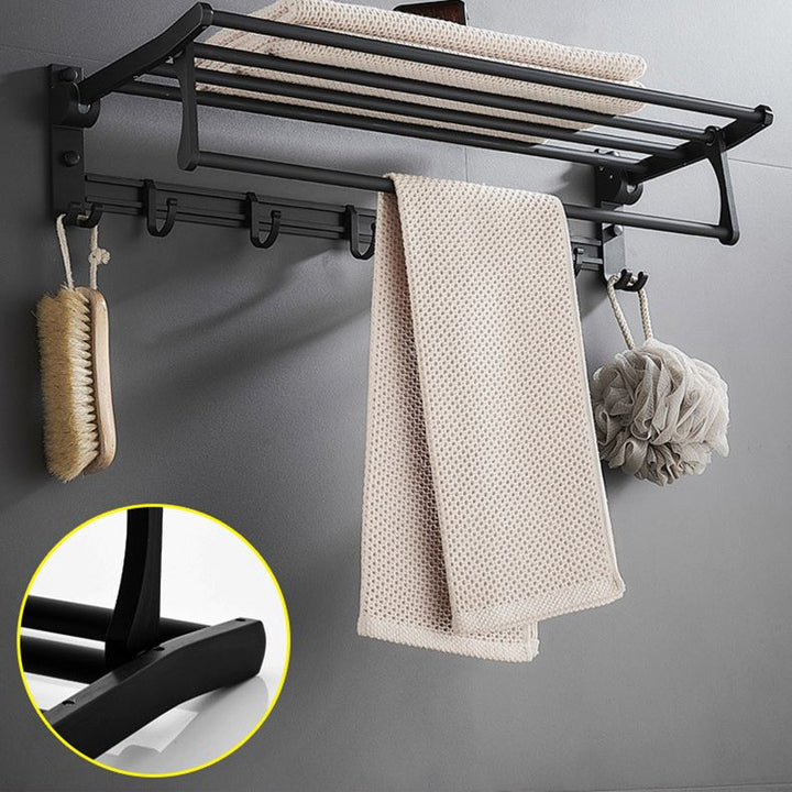 Lisslune | 6-piece modern bathroom hardware set in matte black with bathroom shelf/towel holder & bathrobe hooks