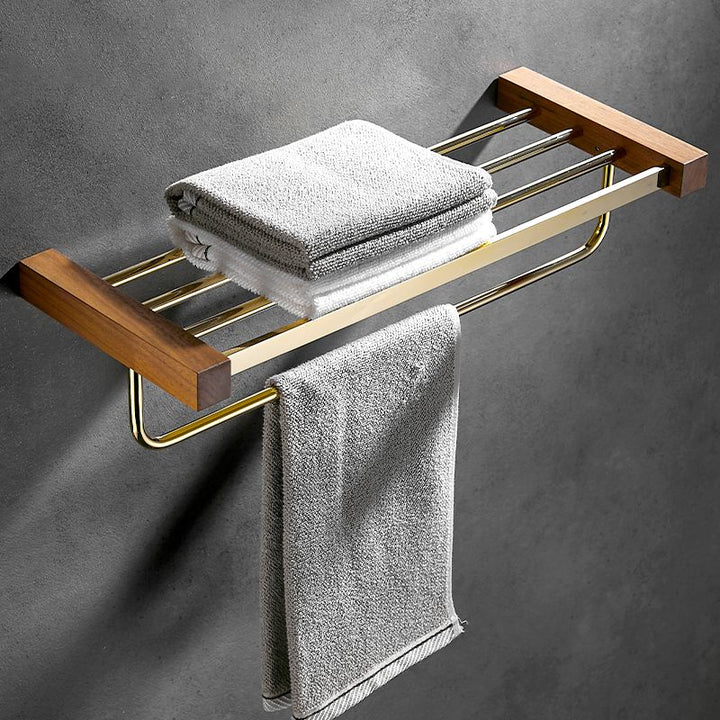 Lisslune | Polished Brass Bathroom Hardware Set Metal & Wood Bathroom Set with Bath Shelf/Towel Bar