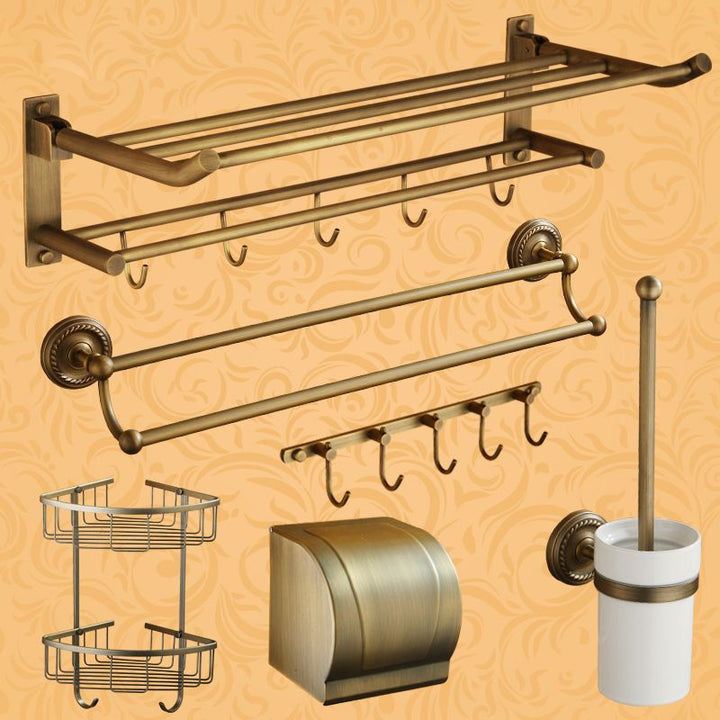 Lisslune | Worn Brass Traditional Bathroom Set with Bath Shelf/Paper Holder & Towel Bar