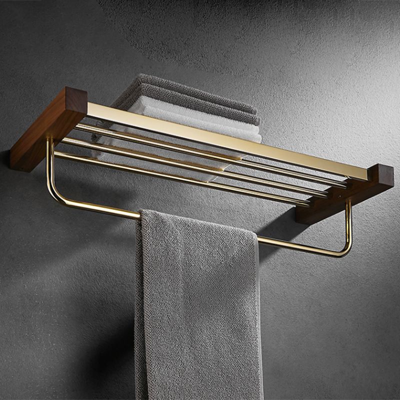 Lisslune | Polished Brass Bathroom Hardware Set Metal & Wood Bathroom Set with Bath Shelf/Towel Bar