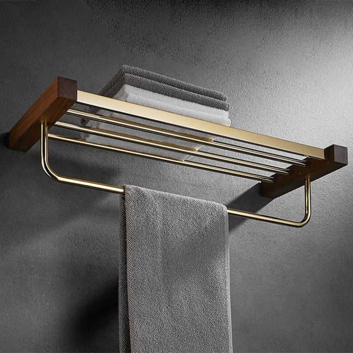 Lisslune | Polished Brass Bathroom Hardware Set Metal & Wood Bathroom Set with Bath Shelf/Towel Bar