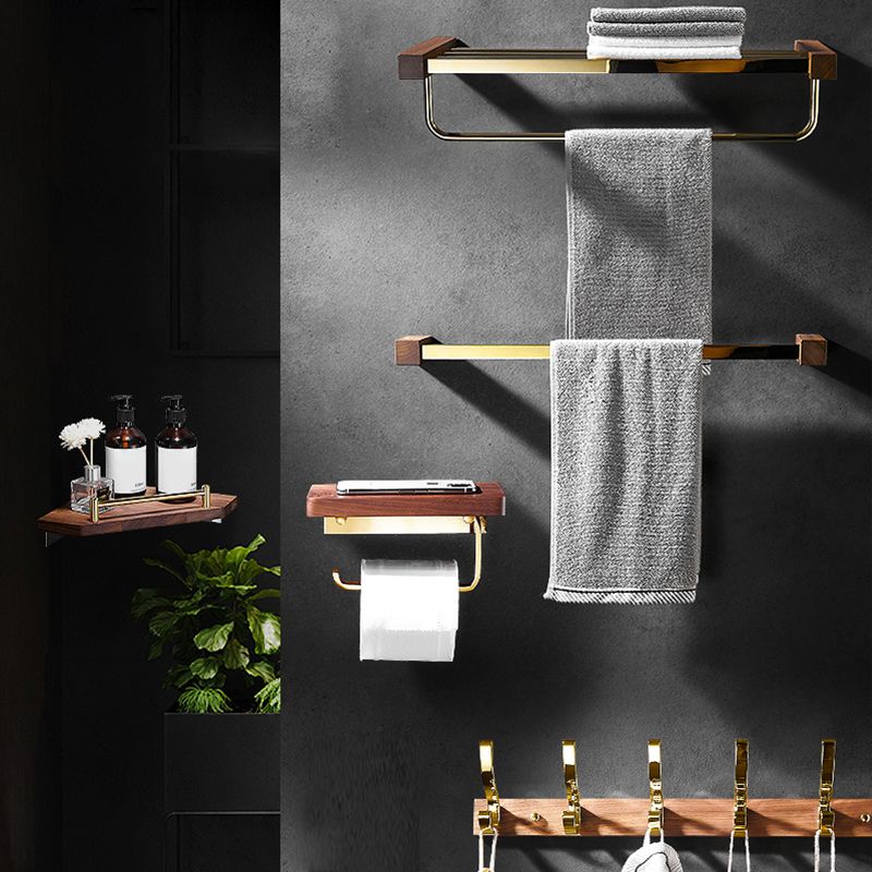 Lisslune | Polished Brass Bathroom Hardware Set Metal & Wood Bathroom Set with Bath Shelf/Towel Bar
