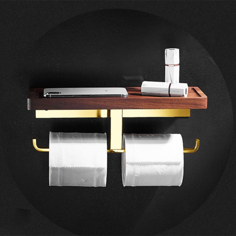 Lisslune | Polished Brass Bathroom Hardware Set Metal & Wood Bathroom Set with Bath Shelf/Towel Bar