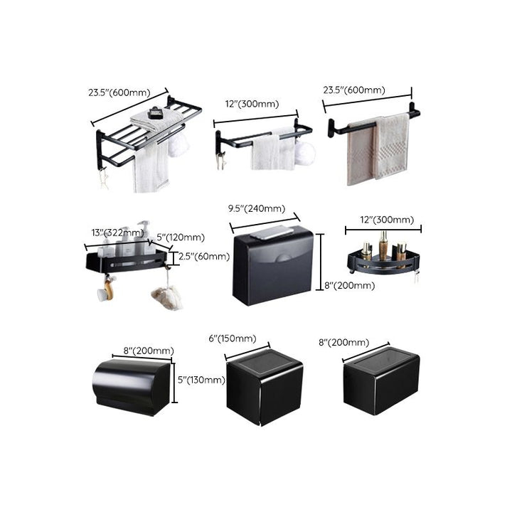 Lisslune | Contemporary 8-piece Bathroom Accessory Set Matte Black Bathroom Shelf/Paper Holder/Towel Hook