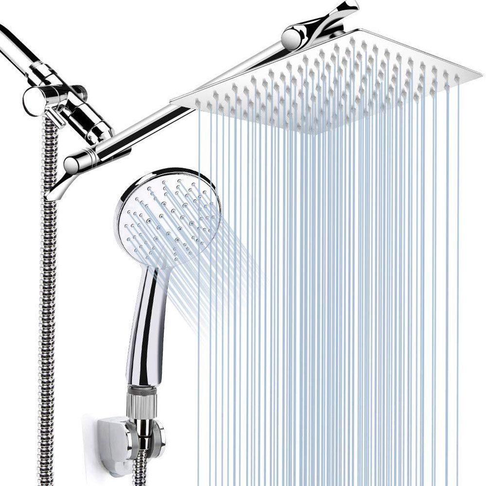 Lisslune | Standard Double Shower Set Round Metal Adjustable Spray Pattern Shower Head in Silver