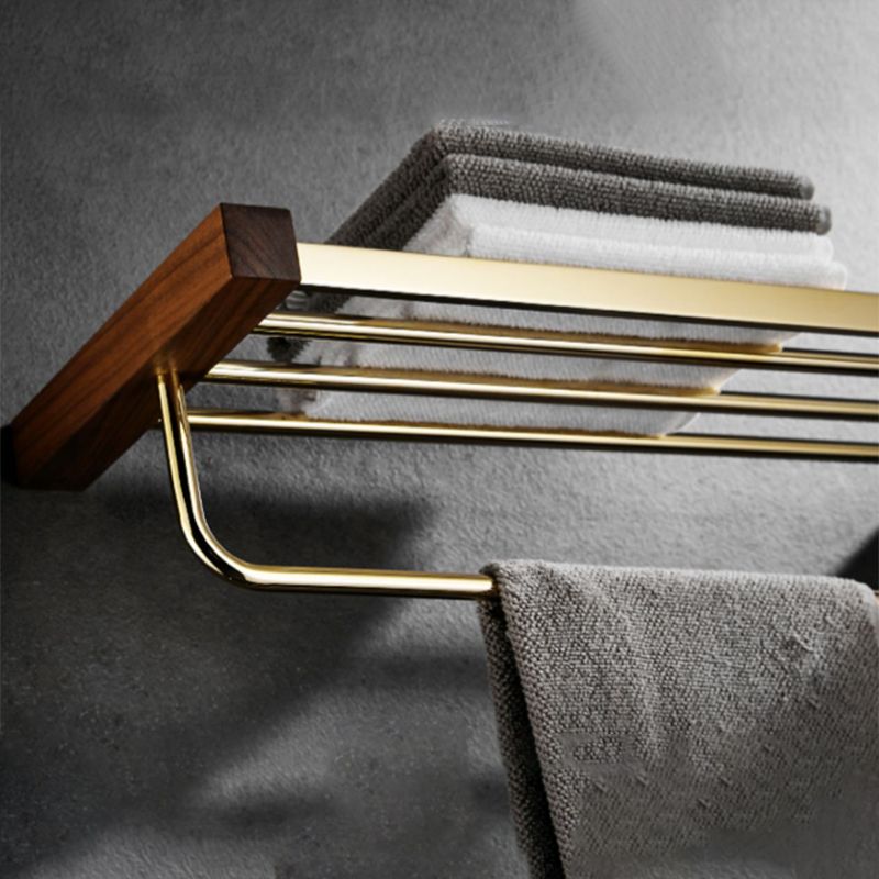 Lisslune | Polished Brass Bathroom Hardware Set Metal & Wood Bathroom Set with Bath Shelf/Towel Bar