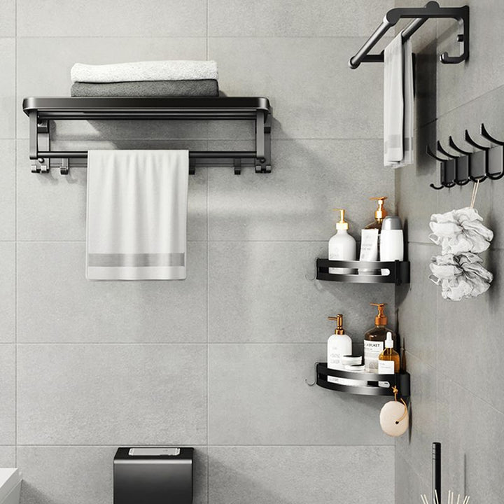 Lisslune | Contemporary bathroom accessory set with black surface and bath shelf/towel bar