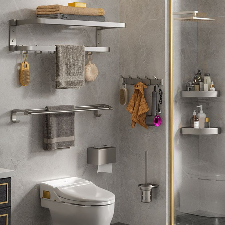 Lisslune | Modern Gray Bathroom Accessory Set Aluminum Stainless Steel Bathroom Shelf/Towel Hooks/Towel Bar