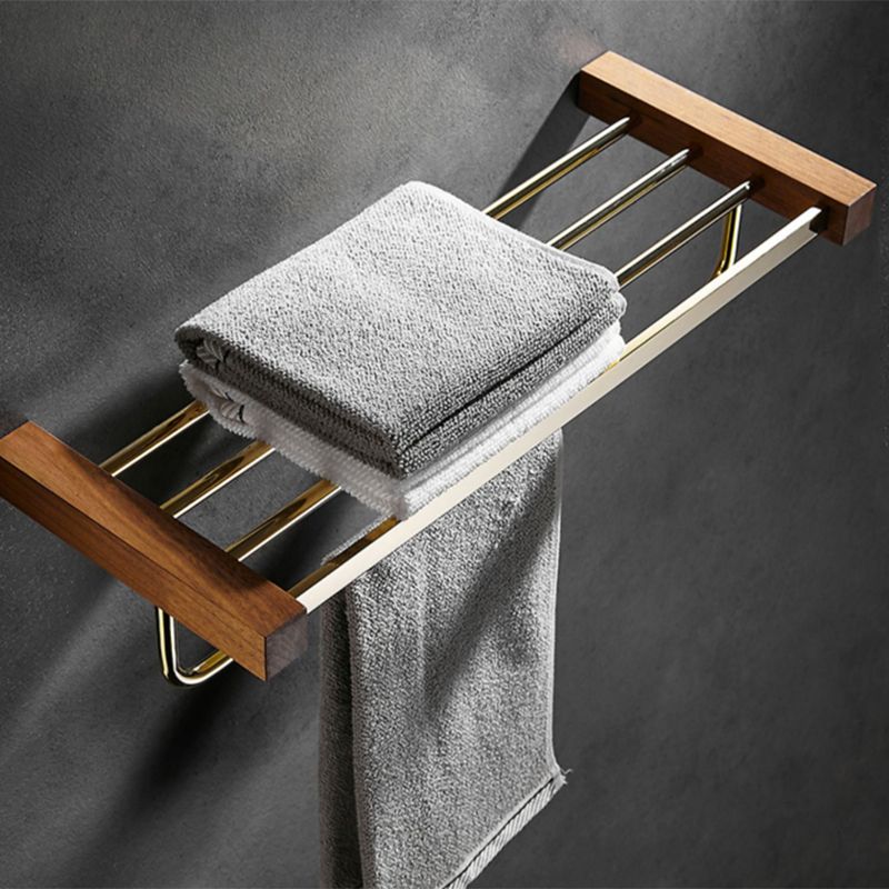 Lisslune | Polished Brass Bathroom Hardware Set Metal & Wood Bathroom Set with Bath Shelf/Towel Bar