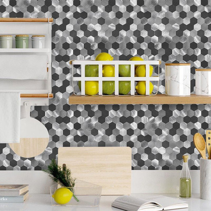 Lisslune | Hexagonal Mosaic Tiles Metal Peel and Stick Tiles for Kitchen and Bathroom, 11.8" x 11.8"