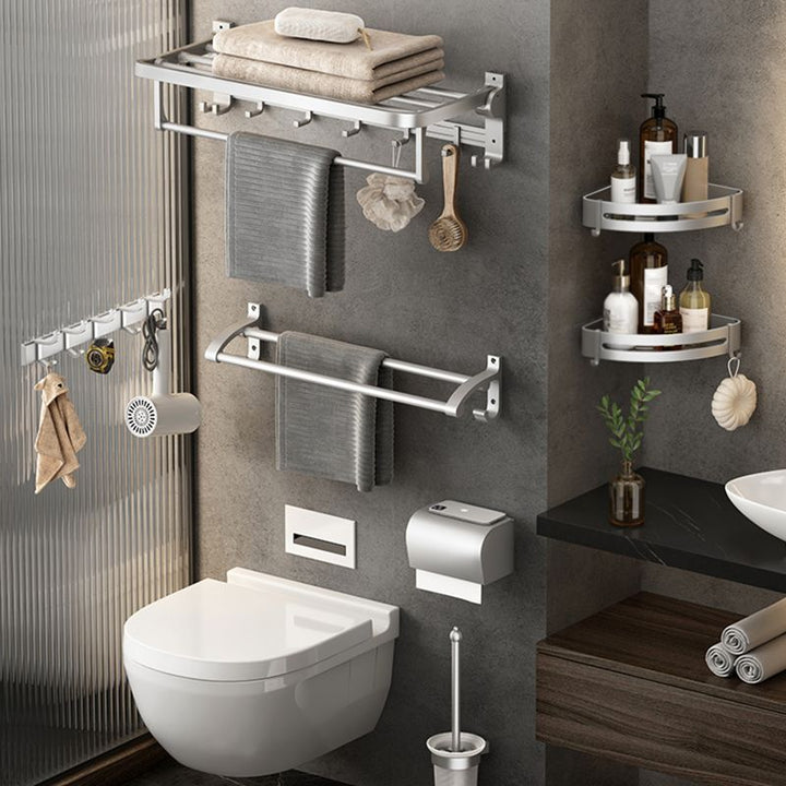 Lisslune | Contemporary Silver Metal Bathroom Fittings Set with Triangle Bathroom Shelf