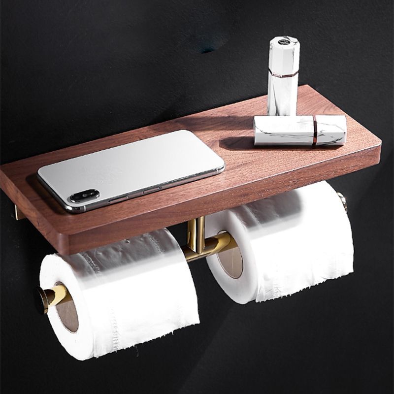 Lisslune | Polished Brass Bathroom Hardware Set Metal & Wood Bathroom Set with Bath Shelf/Towel Bar