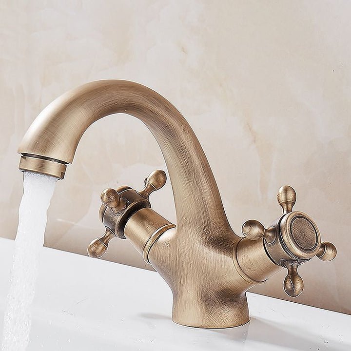 Lisslune | Glam Vanity Sink Faucet Brass Cross Handles Low Arc Sink Mixer