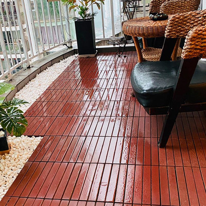 Lisslune | Red 6-Slat Square Wood Deck Tiles Snap-Fit Installation Floor Tiles