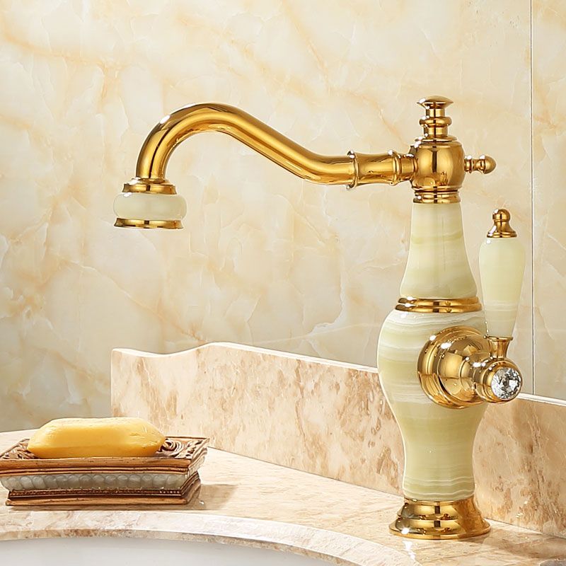 Lisslune | Deck Mounted Copper Tub Faucet Low Arc Roman Tub Faucet Set with Jade