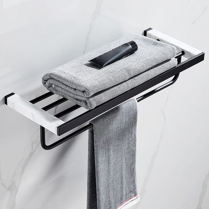 Lisslune | Matt Black Bathroom Accessory Set made of Metal & Marble with Bath Shelf/Towel Holder