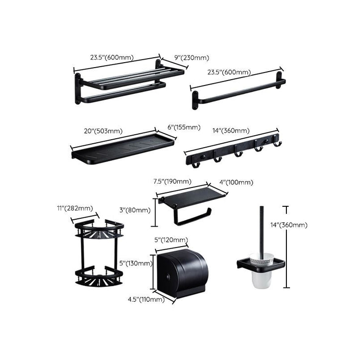 Lisslune | Contemporary 8-piece Bathroom Accessory Set Matte Black Bathroom Shelf/Paper Holder/Towel Hook