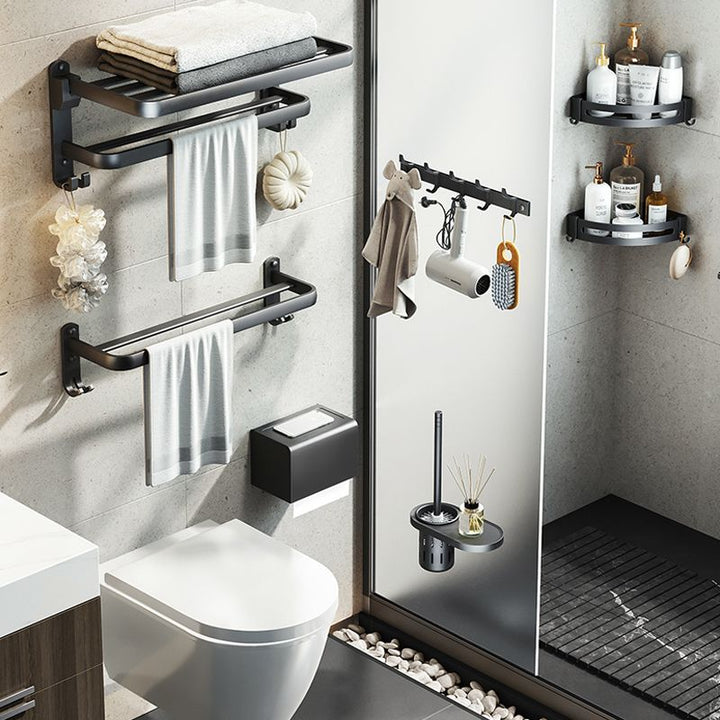 Lisslune | Contemporary bathroom accessory set with black surface and bath shelf/towel bar