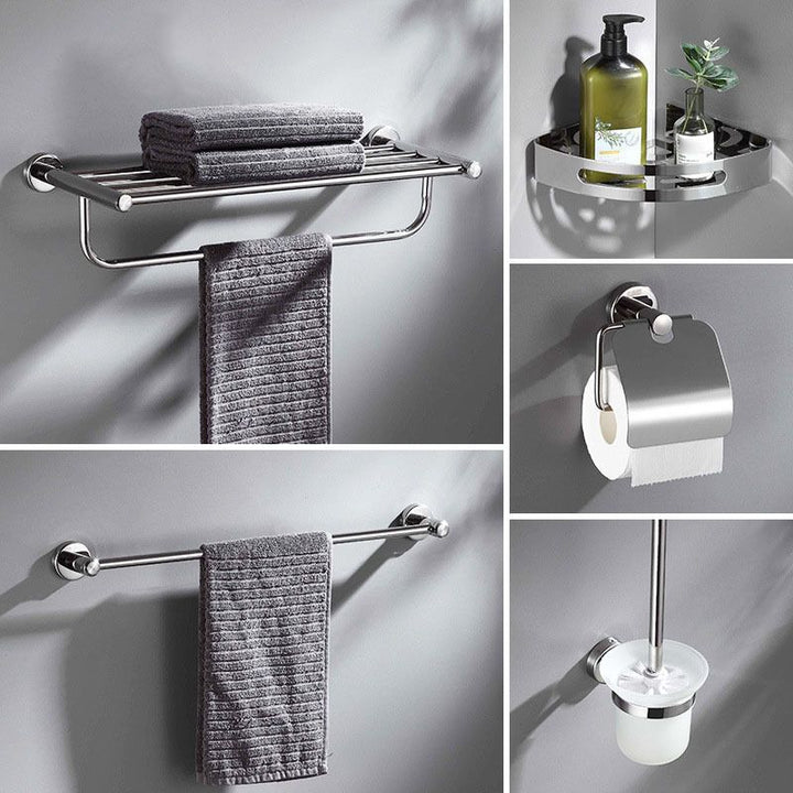 Lisslune | Polished Chrome 5-piece modern bathroom accessory set with bathroom shelf