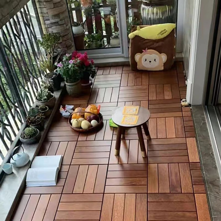 Lisslune | 4-Slat Wood Deck/Patio Floor Tiles Interlocking Installation Floor Tiles