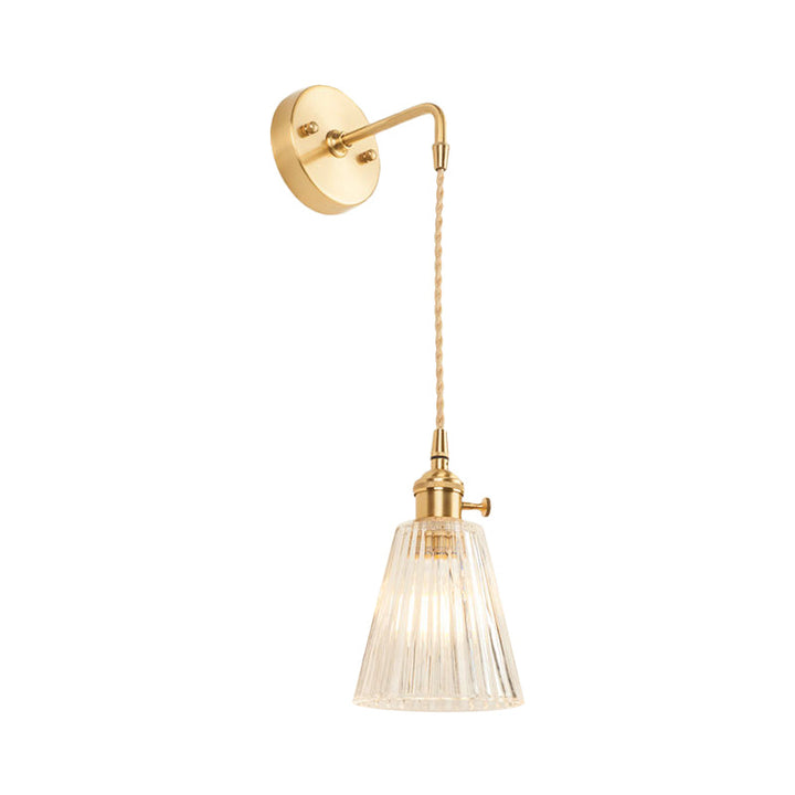 Lisslune | A wall light with a bulb and conical shade made of clear, textured glass, industrial bedroom wall light fixture