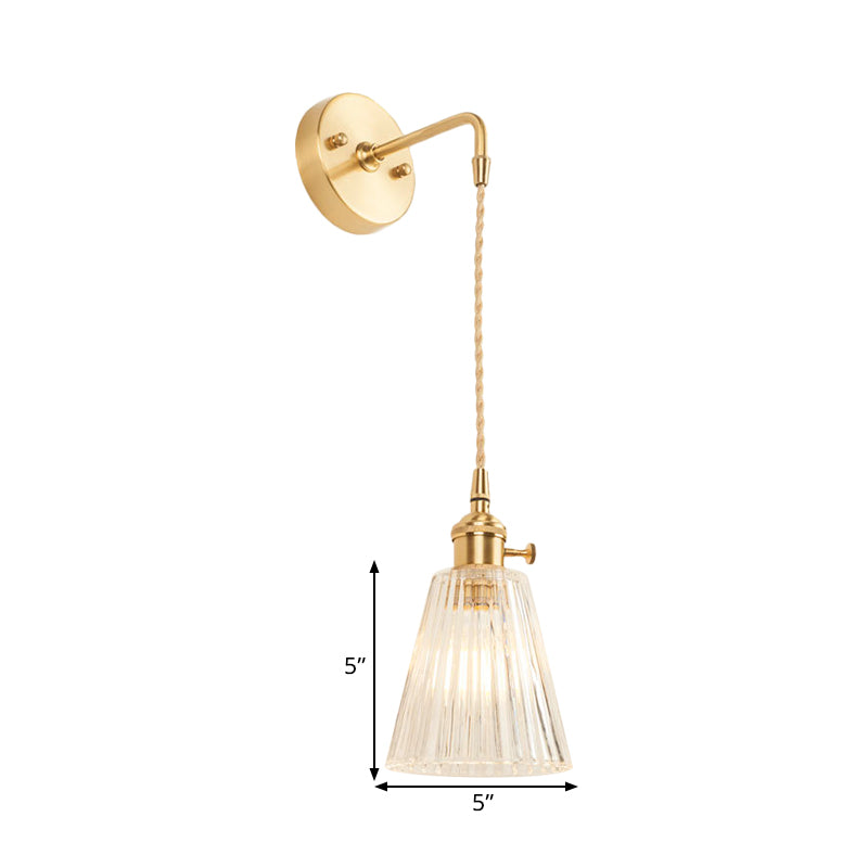 Lisslune | A wall light with a bulb and conical shade made of clear, textured glass, industrial bedroom wall light fixture