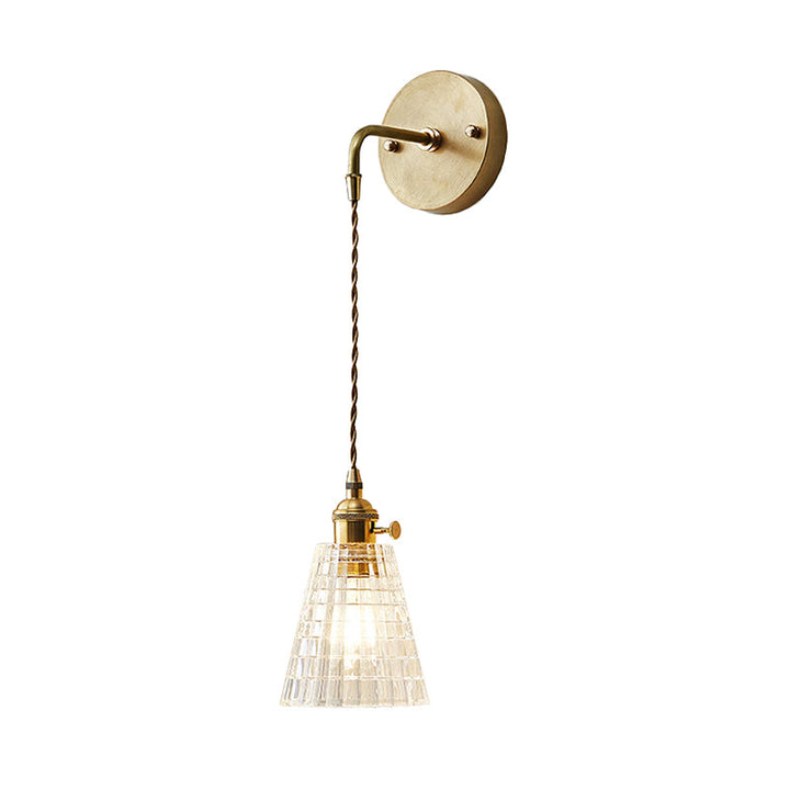 Skørter | Tapered Clear Textured Glass Wall Lamp Industrial Single Bulb Bedroom Wall Lamp in Brass