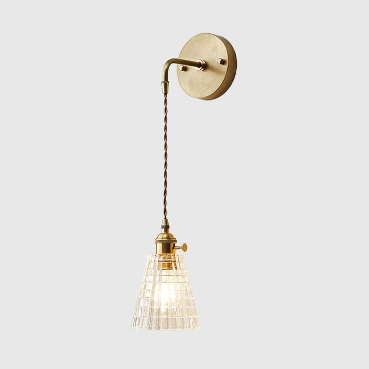 Skørter | Tapered Clear Textured Glass Wall Lamp Industrial Single Bulb Bedroom Wall Lamp in Brass